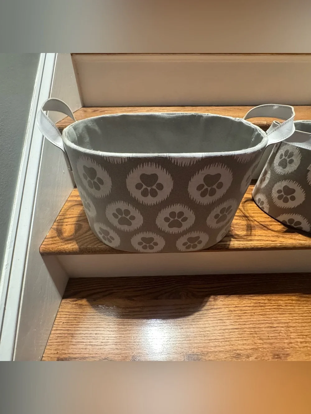Set of gray & white paw print canvas storage baskets with white leather handles